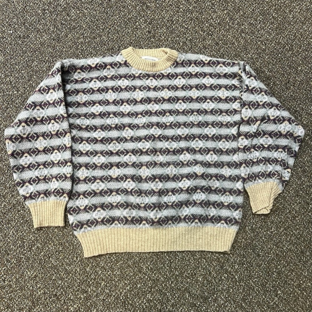 Vintage Benetton 1980s Italian Knit Sweater Designer Patterned Rare Cream Wool